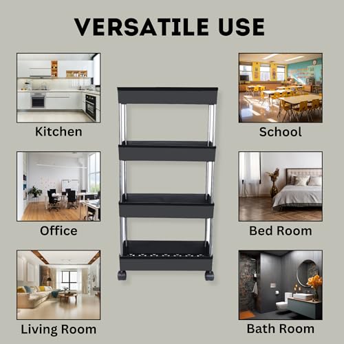 Image of AEXONIZ TOYS Plastic Kitchen Storage Trolley Rack with Wheels, Slide Out Rolling Utility Cart Storage Shelves, Space Saving Home Storage Organizer Racks (Black, 4 Layer)