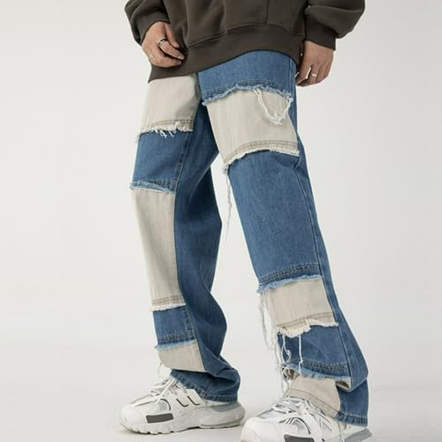 Jeans Pants Trousers Denim Tassel Trendy Street Loose Edge Splicing Blue Retro Thin Casual Commuter Straight Leg for Men2