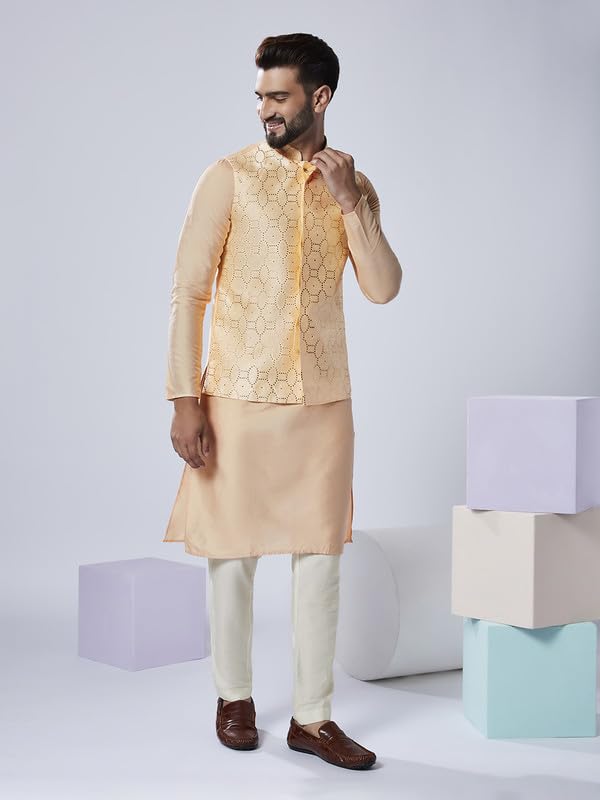 Image of KISAH Men Printed Kurta Jacket Set, Full Sleaves, Knee Length, Straight, Regular Fit, Mandarin Collar Ethnic Wear