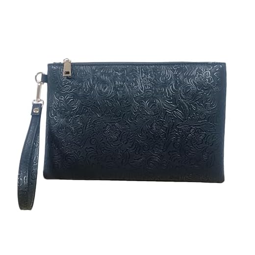 Elegante bolsa de mão floral em relevo bolsa clutch couro PU tamanho médio feminino embreagens com alça de pulso, Preto, Medium