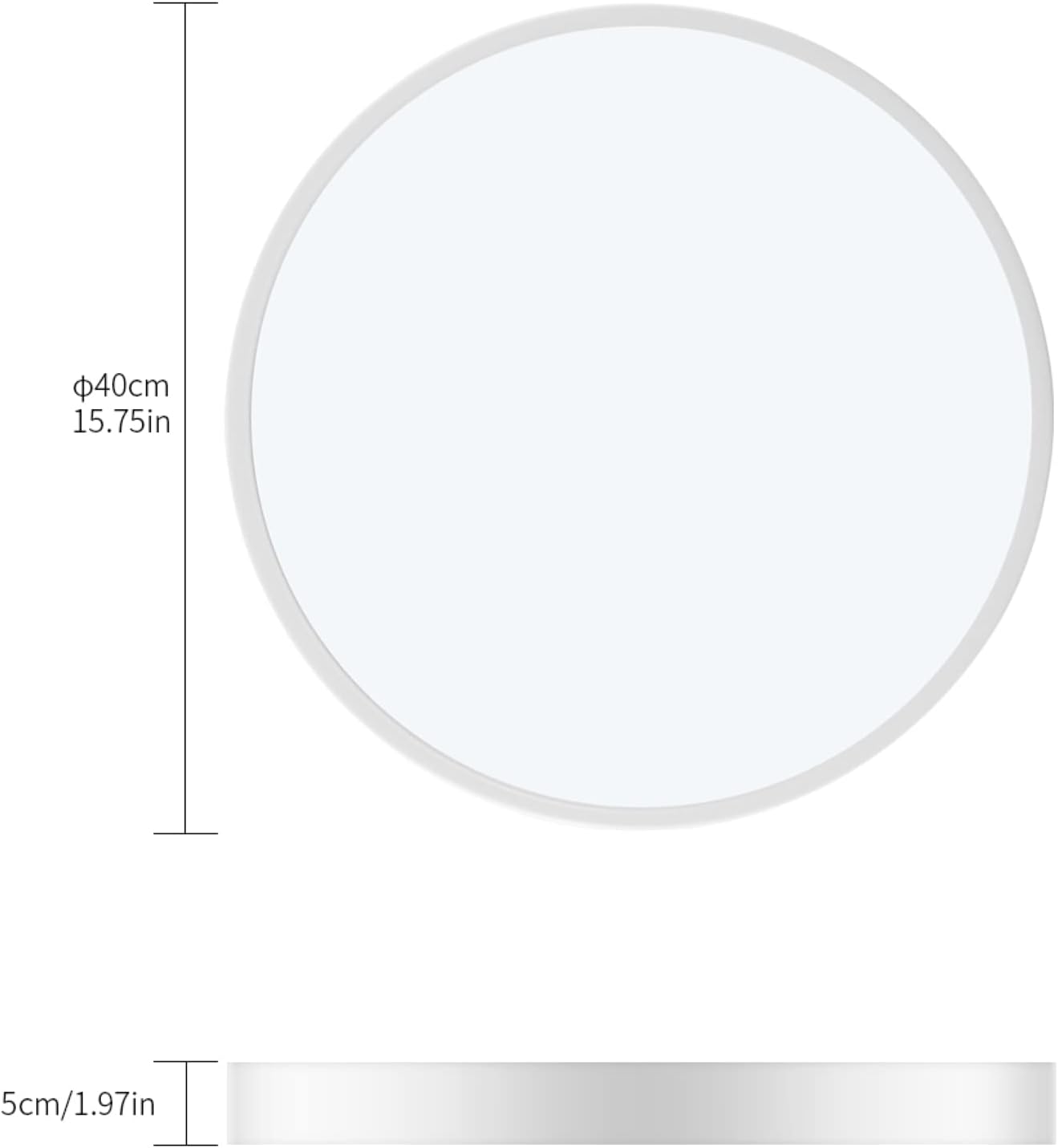 Diagram showing the dimensions of the MERRYHE 28W Round LED Flat Panel Light: 40cm (15.75in) diameter and 5cm (1.97in) thickness.