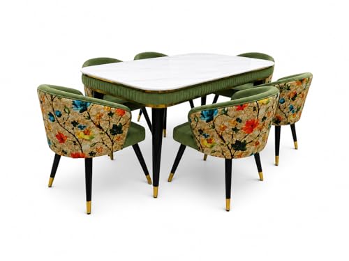 Image of WOODEN SPACE 6-Seater Wooden Dining Table Set | Nano Composite Marble Top | Solid Wood Base | Modern Dining Room Furniture with 6 Chairs (Light Green Printed)