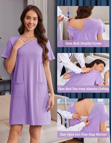 Deyeek Hospital Gowns for Women Open Back Tear Away Snap Nursing Dress Short Sleeve Soft Adaptive Clothing With Pockets2