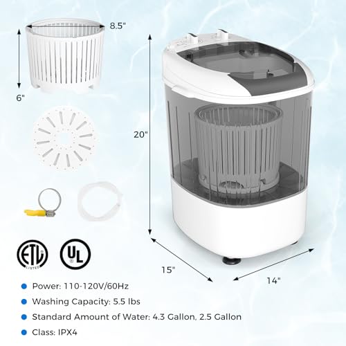 COSTWAY Mini Portable Washing Machine, 5.5 lbs Capacity, Compact Laundry Washer with Spin Tub & Drain Hose, Perfect for Apartment Dorms RV Home (Grey)