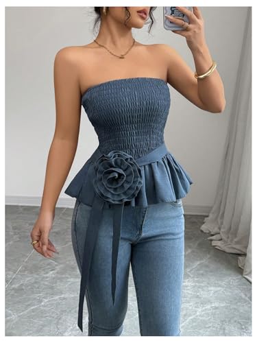 SOLY HUX Women's Y2k Strapless Tube Top Sleeveless Smocked Peplum Ruffle 3D Flower Belted Bandeau Tops2