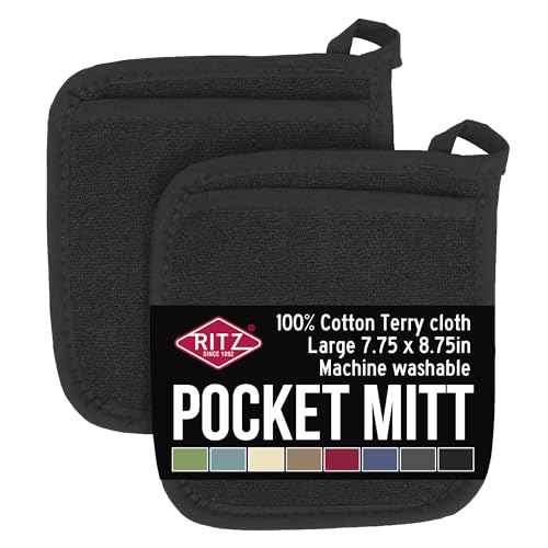 Ritz Terry Pocket Mitt & Hot Pad: Unparalleled Heat Resistant, Durable 100% Cotton – Ergonomically Designed for Optimal Grip – Easy-Care Machine Washable, Perfect for Your Kitchen – Black, 2-Pk