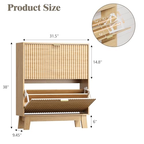 Image of HUANLEGO Shoe Cabinet Storage for Entryway with 2 Flip Drawers, Fluted Narrow Shoe Organizer with Wooden Legs, Freestanding Slim Shoe Storage Hidden Shoe Rack Organizer for Front Door Entrance, Oak