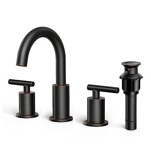 FORIOUS Ölgeriebener Bronze-Badezimmer-Wasserhahn, 3 Löcher, 20,3 cm breite Waschbeckenarmatur, ölgeriebene Bronze mit Pop-Up-Ablauf, antiker Waschtischarmatur mit CUPC-Versorgungsschläuchen, 15,2 cm