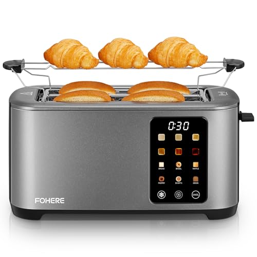 Toaster 4 Scheiben, 1400W Edelstahl Langschlitz Toaster, 9 Farbeinstellungen und 3 Brotsorten, Abbruch/Auftau/Aufwärmfunktion,Touchscreen Bedienung, mit Brötchenaufsatz, Grau Toaster 4 Scheiben, 1400W Edelstahl Langschlitz Toaster, 9 Farbeinstellungen und 3 Brotsorten, Abbruch/Auftau/Aufwärmfunktion,Touchscreen Bedienung, mit Brötchenaufsatz, Grau