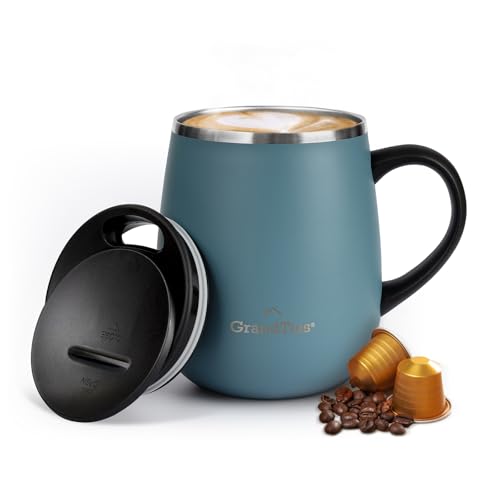 GRANDTIES Insulated Coffee Mug with Handle- Sliding Lid for Splash-Proof 16 oz Wine-Glass Shape...