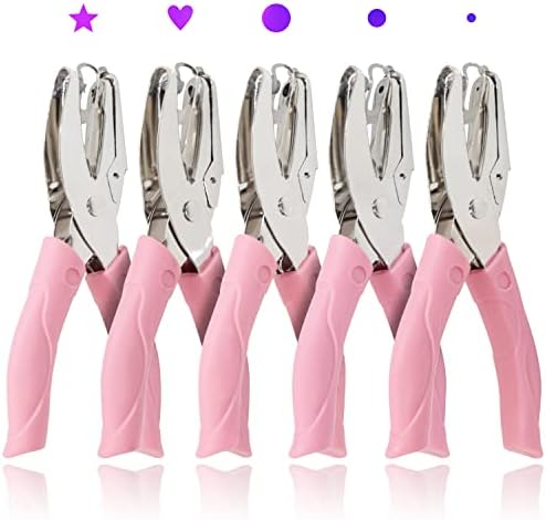 CheeMuii 5 Pieces Metal Handheld Paper Punch Single-Hole Tag Punch Set with Plastic Handle for Heart Circle Star Holes for DIY Craft Tags