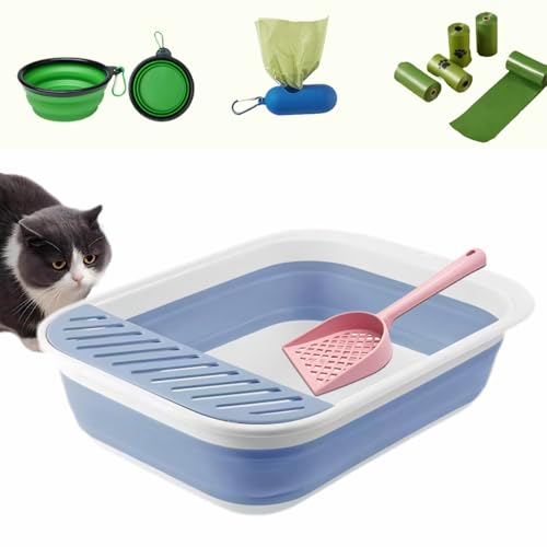 9PCS-Collapsible Kitten Litter Box,Open Cat Potty Pan with Scoop Foldable,Shallow Cat Toilet Anti-Splashing Low,Entrance Travel Litter Box with Falling Sand PedalBlue