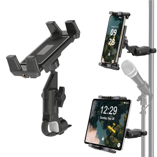 Image of HASTHIP Tablet Phone Holder for Microphone Stand, Universal Clamp Mount for 4.7-13 inch Tablets & Smartphones, 360 Rotating, Adjustable Arm, Portable Mic Stand Clip for Live Streaming, Performers