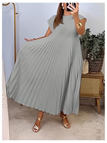 Image of GORGLITTER Women's Pleated Flowy Chiffon Church Dresses Elegant Summer Short Sleeve Wedding Guest Maxi Dress Outfits