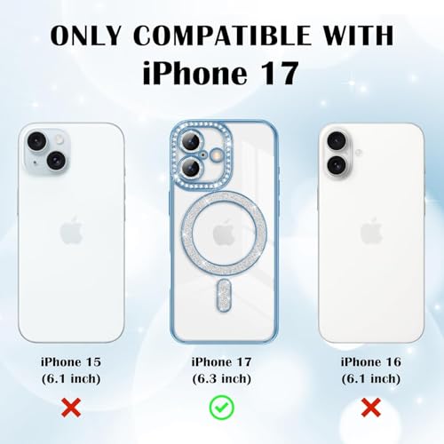 Image of Elzzi Compatible with (iPhone 17 Case) Clear Luxury Diamond Glitter Case |Camera Lens Protector with Glitter Ring | Premium Shockproof Glossy Shiny Back Cover Case for Girls Women -Blue