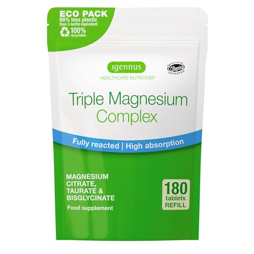 Magnesio Citrato, Bisglicinato y Taurato, Complejo Triple de Magnesio Quelado, 180 Comprimidos Veganos, Refuerzo al Descanso, Salud Ósea y Estado de Ánimo, de Igennus