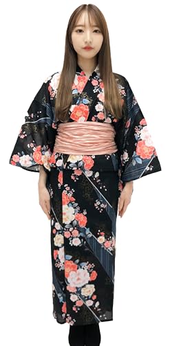 Dita ENSHU Traditional Cotton Women\'s Yukata Robe (japanese casual kimono) Easy Wearing (Yukata, Obi, Koshihimo) set3 (TYPE 13, One Size)