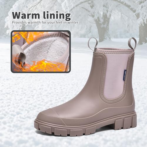 GemChve Gummistiefel Damen Winter, Chelsea Boots Gefüttert Wasserdicht, Gummistiefeletten Halbhohe Gartenschuhe, Rutschsicher Regenschuhe, Abriebfest Komfort Schlupfstiefel Brown 41 EU