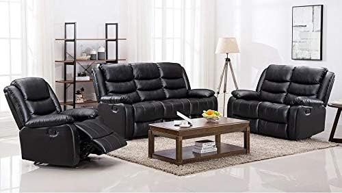 Hamar 3 Pieces Reclining Sofa Set in Black PU Leather