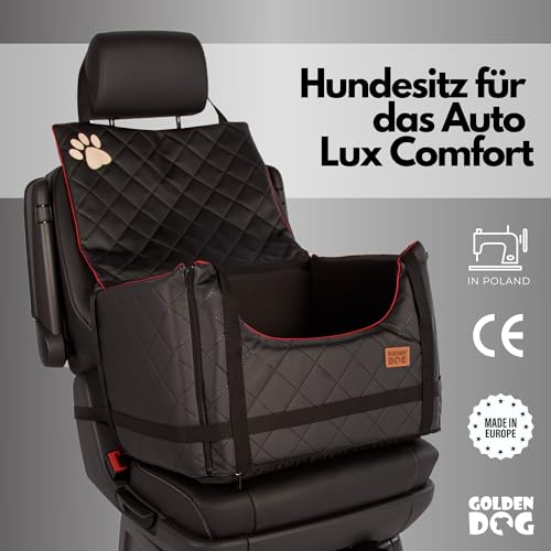 Golden Dog - Transportbox Hund mit Sicherheitsgurt M-52x44x33 cm - Leder Imitation Autositz Hund, Wasserdicht Hundesitz Auto - Beifahrersitz Hundebox Faltbar - Anschnallgurt Hundekorb Auto Schwarz