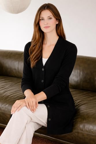 Image of State Cashmere Women's Button Front Cardigan 100% Pure Cashmere V Neck Fashion Sweater Dress with Pockets