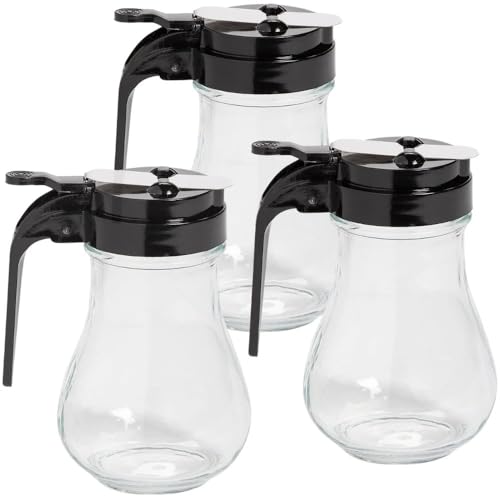 Fun Express Glass Syrup Dispensers with Handled Lid, 4.5" & 6 oz Capacity - Perfect for Brunch and Breakfast, Durable & Stylish Tableware - 3 Pieces