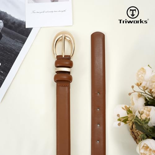 Image of TRIWORKS Women Leather Belt for Jeans Pants Fashion Ladies Skinny Faux Leather Dress belt with Gold Buckle