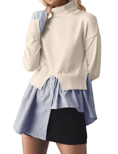 Image of Women Asymmetrical Patchwork Sweaters Slit Turtleneck Pullover Sweater Dress 2 in 1 Sweater Shirt Tunic Sweater Tops