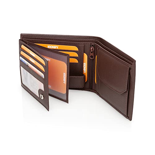 Kronify Leather Wallet Men | Rfid Blocking | Bifold & Trifold | Genuine Leather | 13 Card Slots | Coin Pocket | Gift Box | Natural Dark Brown #TOP1