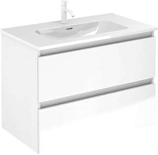 EstiloBaño - Aurora | Conjunto Mueble de Baño SUSPENDIDO con 2 Cajones + Lavabo | Disponible 60-80-100 + Blanco - Nogal 【Ancho 60】 【Blanco Brillo】