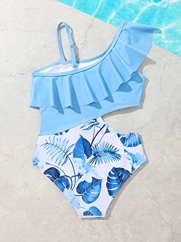 OYOANGLE Girl's Plants Print One Piece Swimsuits Ruffle Trim Asymmetrical Neck Cut Out Bathing Suits2