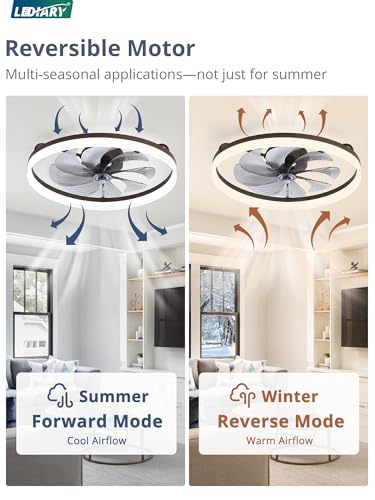 Image of LEDIARY Ceiling Fans with Lights, 23 inch Low Profile Flush Mount Ceiling Fan, Dimmable LED, APP & Remote Control, Quiet Reversible DC Motor, 6 Speeds, Fandelier for Bedroom, Brown