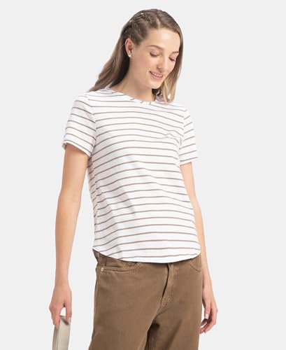 Image of Jockey A121 Women Super Combed Cotton Stripe Fabric Relaxed Fit Round Neck Half Sleeve T-Shirt with Curved Hem Styling