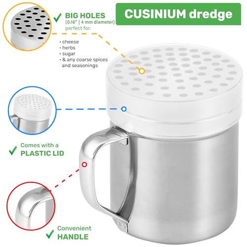 CUSINIUM 10oz Metal Parmesan Cheese Shakers with Large Holes - with Handle - Chili Flakes Dispensers - Pizza Shakers - Pack of 2 | Style: Coarse
