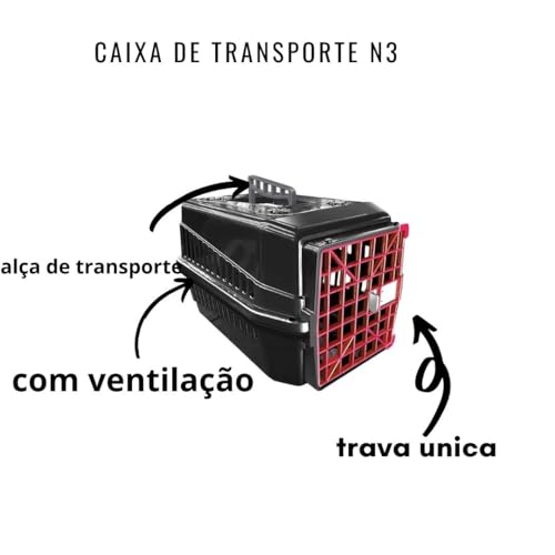 Caixa De Transporte N3 Cachorro Gato Capacidade 10kg Preto e Vermelho