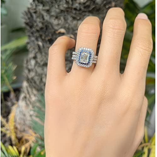 DovEggs Emerald Cut Moissanite Engagement Rings for Women 2.9ct total GHI Moissanite Halo Moissanite&Blue Sapphire Accents 14k Gold QUALITY Sterling Silver Enhancer Wedding Ring Sets4