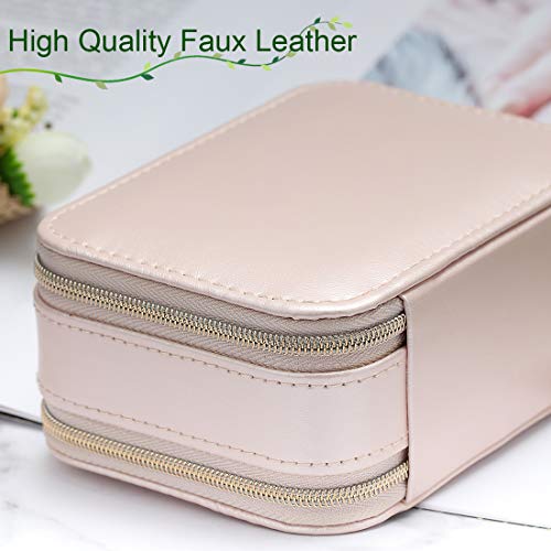 Jewellery Box,BS Small Faux Leather Jewellery Case with Zippers Built in Mirror for Women and Girls' Rings,Earrings,Necklace Organizer Jewelry Storage Box,Small Size,Pink