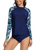 ATTIQOZI Women's Long Sleeves Rash Guard Swimsuits Swim Shirts UPF 50 Sun Protection Two Piece Swimsuits with Built in Bra Green Leaf XL