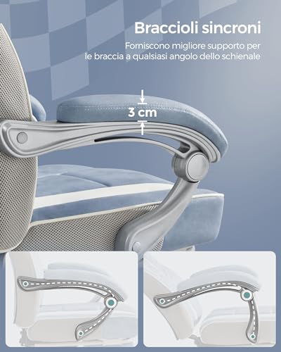 Sedia da Ufficio, Poltrona Racing Ergonomica, Poggiapiedi Telescopico, Schienale Inclinabile, Poggiatesta e Supporto Lombare, Portante di 150 kg, Blu Turchino e Bianco Crema OBG073Q01 - Sedia gaming - Immagine 5