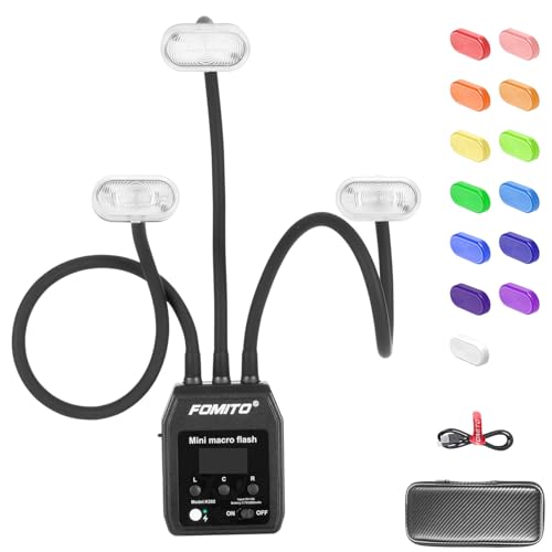 Fomito Mini Macro Flash, Single Contact Hotshoe, Three-Head with 13pcs Diffuser and Type-C Cable, 8 Levels of Adjustable Brightness, 9-Stop LED Light Effect, Built-in 3.7V/2000mAh Battery - 17.52inch