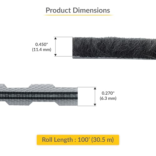 Brixwell Zipper Pile Weatherstrip - 100\' Roll, 0.450\" Pile Height, Gray Finish, Zipper Weatherization Seal for Windows & Doors, Weatherstrip Replacement, Door and Window Seal