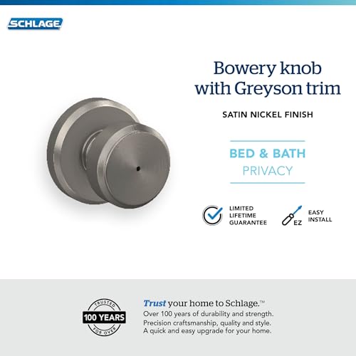 Image of Schlage F40 BWE 619 GSN Bowery Door Knob with Greyson Trim, Bed & Bath Privacy Lock, Satin Nickel