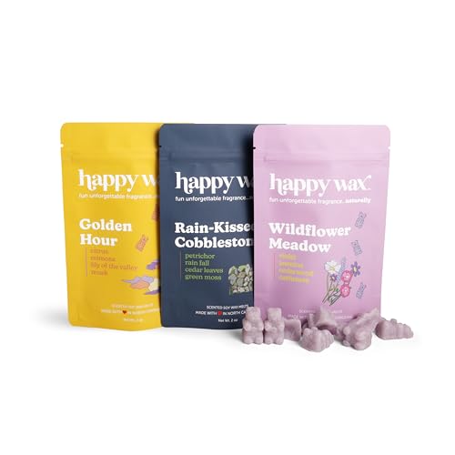 Happy Wax Fresh Spring Day Mix Premium Scented Natural Non Toxic Soy Wax Melts 6 Total Oz. of Scented Wax Melts Includes: Wildflower Meadow Rain-Kissed Cobblestone and Golden Hour