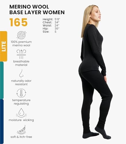 Merino Wool Base Layer Womens Set - Lite, Mid, Heavyweight Merino Wool Thermal Underwear for Women Top and Bottom and Socks (X-Small, 165 LITE Charcoal) - 1