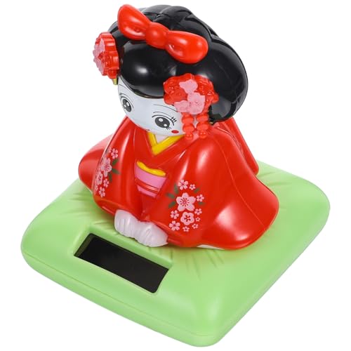 POPETPOP Ornement de Voiture Solaire Poupée Kimono Danseuse à Tête Secouante en Plastique Rouge Décoration Compacte et Charmante pour Intérieur de Voiture