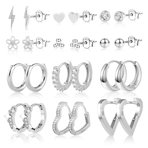 Image of 925 Sterling Silver Earrings Set, 12 Pairs Small Studs Earrings Silver Hoop Earrings, Multipack Piercing Mini Tiny Zircon Ball Studs Heart Square Oval Cartilage Silver Huggie Hoop Earrings for Women