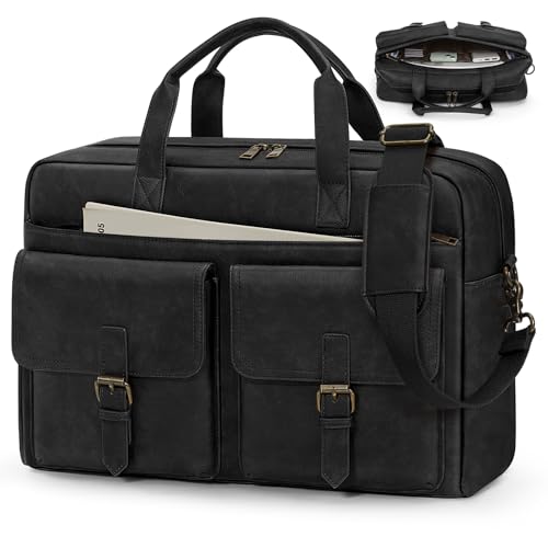 RAINSMORE Messenger Bag for Men 16 Inch Leather Laptop Bags Work Computer Briefcase Vintage Mens Satchel Shoulder Bag for Work, Office, Business, Travel, Black