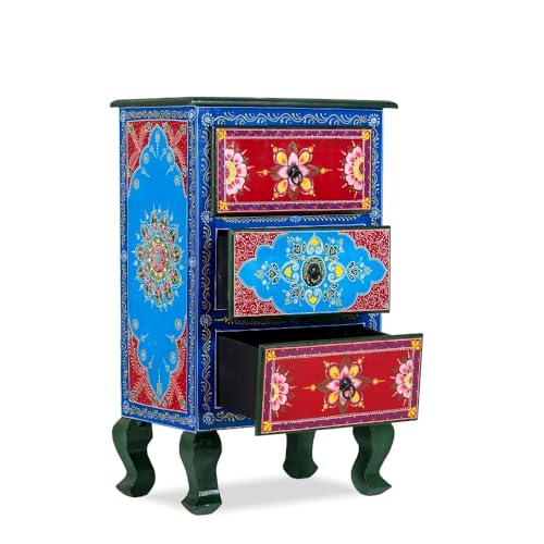 Image of Wooden Bedside Table for Bedroom | 3 Drawer Side Table | Handpainted Rajasthani Chest of Drawers | Solid Wood Small Bedside Table with Drawer Storage for Living Room (Handpainted-3)
