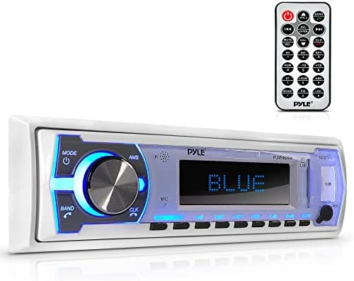 Pyle Marine Bluetooth Stereo Radio - 12v Single DIN Style Boat In dash Radio Receiver System with Built-in Mic, Digital LCD, RCA, MP3, USB, SD, AM FM Radio - Remote Control - PLMRB29W (White)