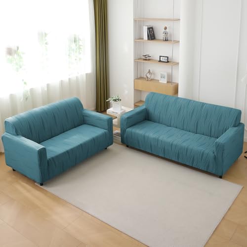 Image of HOKIPO Knitting Jacquard Fully Covered Stretchable Sofa Cover 3 Seater and 2 Seater, Sea Blue (AR-5308-BL + AR-5309-BL)